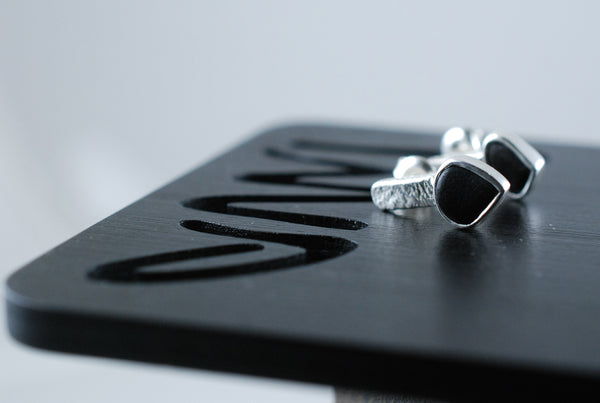 Handmade designer jewellery. Black stone silver earrings.